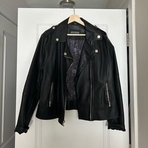 GUESS Black Faux Leather Moto Jacket Floral Lining XXL